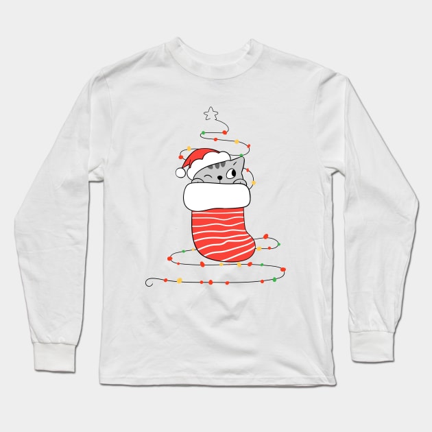 Cat in red sock with Christmas light. Long Sleeve T-Shirt by stark.shop